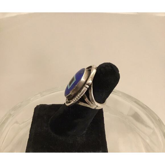 Vintage Gilbert Nelson Navajo Sterling Lapis/Turquoise/Onyx Inlay Ring Sz 5.5 - Picture 8 of 8